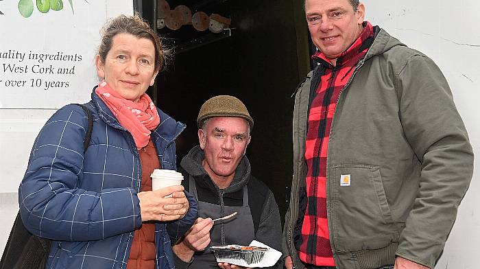 At the Friday market in Clonakilty were (from left): Kathleen Holland from Clonakilty, Ger Kelleher, West Cork Olives, and Nathan Wall from Baltimore. (Photo: Martin Walsh)