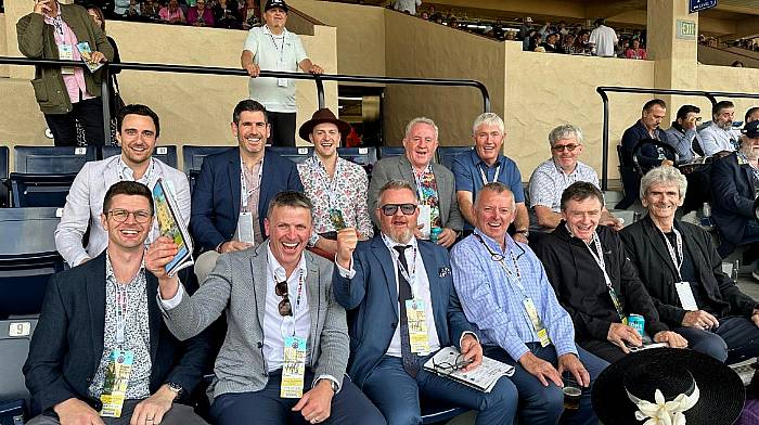 A group with Skibbereen connections at the recent Breeders Cup in California were (front, from left): Nick Walley, Sean Carmody, Brian Carmody, Kieran Hannigan, Frank Walley and Cathal O'Regan.  Back (from left): Dan Curci, Stephen Connolly, Dan Matheson, Timmy O'Donovan, John Connolly and Ger McCarthy.