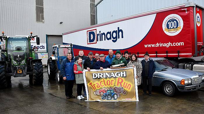 At the launch of the Drinagh tractor run were committee members with Ger Coakley, world reversible ploughing champion, who launched the run.  The run will be held on Sunday December 22nd with registration at 11am and with the run commencing at 1pm. Back (from left): Tim Hurley, Brian O'Sullivan (Drinagh Co-op), Don Hurley, Martin Lordan and James Young. Front (from left): Laura O'Sullivan, Robert Ellis, Con O'Donoghue, Ger Coakley (world champion 2024), Colette Collins  and Michael John Doolan.   (Photo: Anne Minihane)