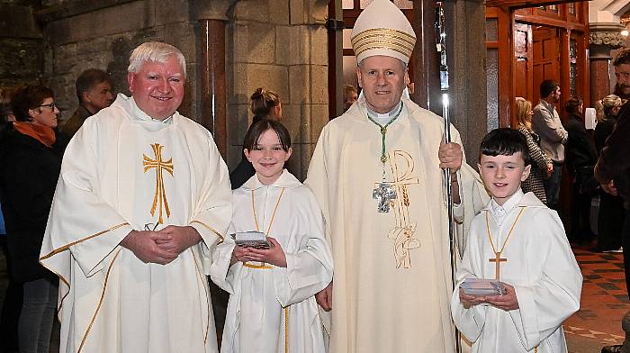 At the visit of the relics of St Bernadette to Clonakilty recently were Fr Tom Hayes; Bishop Fintan Gavin, and altar servers Jane and Niall Keohane from Darrara following mass and the sacrament of the sick in the Church of the Immaculate Conception in Clonakilty.  (Photo: Martin Walsh)