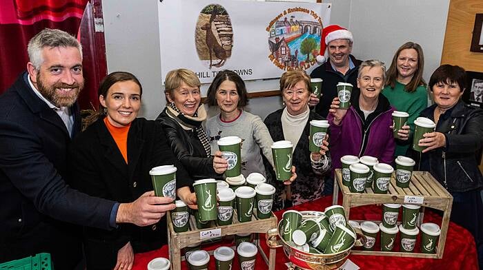 Ballineen, West Cork, Ireland. 10th Dec, 2023. Ballineen and Enniskeane Tidy Towns (TT) Association in conjunction with Ahiohill TT Association launched a sustainable, re-usable coffee cup on Sunday last. The initiative was launched by Christopher O'Sullivan TD and Cork Camogie All-Star, Orla Cronin. Also pictured are Margaret O'Donovan, Chair Ballineen TT; Mary Crease, PRO Ahiohill TT; Shelia O'Leary, Ballineen TT; Ralph O'Regan, Chair Ahiohill TT; Pat Brennan, Ballineen TT; Deirdre O'Regarn, Ahiohill TT and Ann Corocran, Ballineen TT. Picture: Andy Gibson.