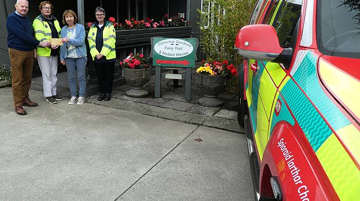 The Tanners of Glenview Gardens & Hobbit House in Enniskeane handing over their donation to West Cork Rapid Response after a busy summer season in their tea rooms. Left to right, David Tanner, Betty Hennessy, Mary Tanner, Kate Crowley.