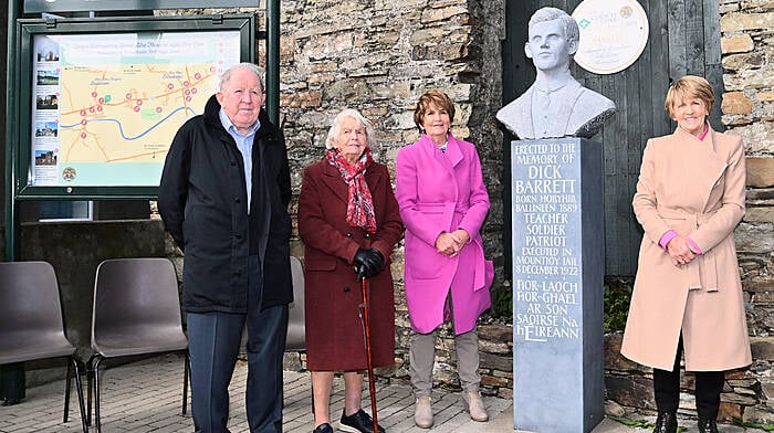 October: A nephew and nieces of Dick Barrett unveiled a hand-carved bust of the patriot and freedom fighter at the Courthouse Heritage Plaza in Ballineen. From left: John Kevin Barrett, Bromley, England; Moira O’Sullivan, Clonakilty; Teresa MacCarthy, Cloghroe and Nuala McCarthy, Desert. (Photo: Martin Walsh)