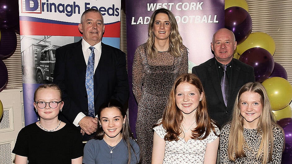 U14 award winners, Clara Cullinane (Bandon), Mia Crowley (Ilen Rovers), Emily O'Neill (Bantry Blues) and Orla Collins (Valley Rovers) with John McCarthy, West Cork Ladies; Cork GAA great Juliet Murphy; and James O'Donovan, Drinagh Co-Op. (Photo: Paddy Feen)