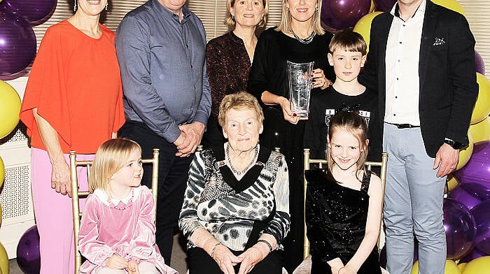 The West Cork Ladies Hall of Fame recipient Nollaig Cleary with her family; seated, Muirne Ní Chróinín, Kathleen Cleary and Aoibh Ní Chróinín. Back from left, Mary Maguire, Mike Maguire, Deirdre Maguire, Conall Ó Cróinín and Mícheál Ó Cróinín.
(Photo: Paddy Feen)