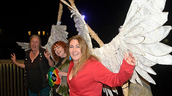 Pictured at Culture Night in September Bandon at  at an instalation called Flyinit at the footbridge were artist Dinny Wheeler with Culture night co-ordinator Margaurite McQuaid and musician Áine Duffy. Picture Denis Boyle