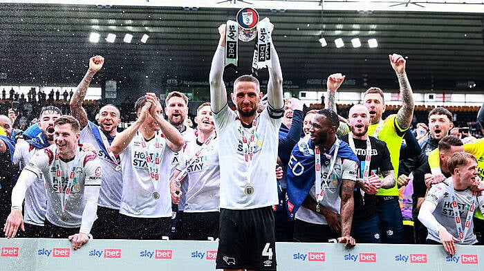 Bandon soccer star Conor Hourihane - West Cork’s greatest soccer player - lifts the cup after Derby County secured League One automatic promotion in April. Conor captained Derby to promotion before then rejoining Barnsley as a player/coach.