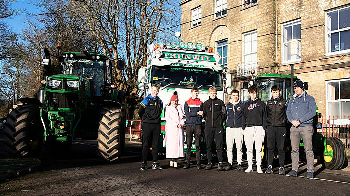 Ahead of Hamilton High School Tractor Run in January, school principal Leona Foran is pictued with fifth and sixth year students (left to right): Daniel Seaman, Ciaran Brady, Kieran Kelleher, Christopher Trunwit, Sean L. Ahern, Sean D. Ahern Mike Murphy.  (Photo: Martin Walsh.)