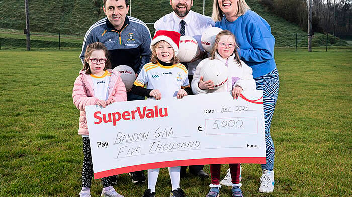 In January,Bandon GAA club were celebrating winning the SuperValu ‘Community includes Everyone’ Award which includes a donation of €5,000 towards further progressing the clubs inclusion and diversity programme.  The club were up against stiff competition from GAA clubs across Ireland but were announced clear winners for their ‘All Stars’ team.  Pictured are John Ahern Underage Club Chairperson Bandon GAA, Alan Owens SuperValu Bandon, Liz Gleeson All Stars Camp coordinator  Bandon GAA with  Kitty Mullally,  Levi Garde and Ruby-Anne Doyle. Photo by Ger McCarthy