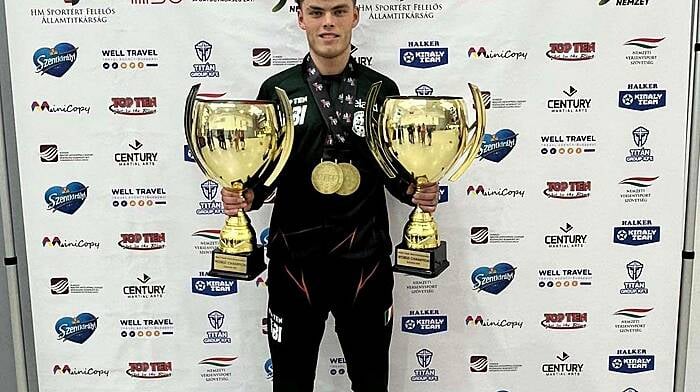 Bantry kickboxer Oran Brady won two titles at the 2024 WAKO Youth World Kickboxing Championships in Budapest in August. He brought home gold in both the -84kg junior light contact and kick light categories.