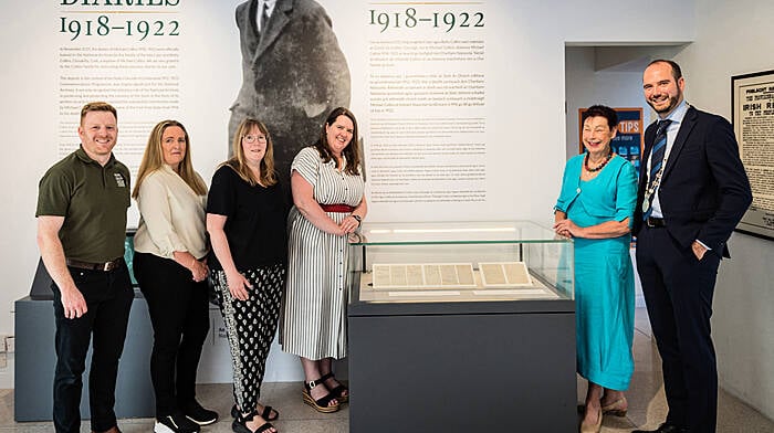 Cork County Council, in partnership with the National Archives, brought the Michael Collins diaries of 1918-1922 back to the Michael Collins House Museum in Clonakilty. The exhibit,  ran for the month of August,  and focused on the first week of August 1922 with the first six days of the month on display. Readers will gain insight into the day-to-day life of Collins. Welcoming the Michael Collins diaries back to Clonakilty were, from left, Jamie Murphy, Michael Collins House manager; Jaqueline Mansfield, Cork County Council; Jessica Baldwin, National Archives; Loraine Lynch, Cork County Council; Helen Collins, Collins family; and Cllr Noel O’Donovan. (Photo: Dermot Sullivan)