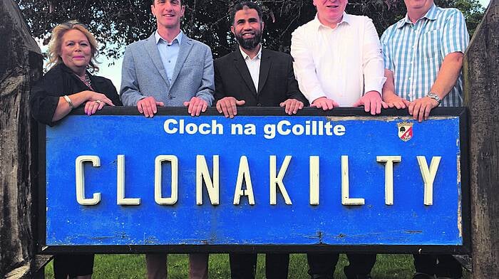 The five newly-elected Mayors of Clonakilty, as decided by a public vote in June, who will hold the title for one year each, starting with Eileen Sheppard (left), Conan O’ Donovan, Yousuf Janab Ali, James White, and Anthony McDermott. 
(Photo: Dúchas Clonakilty Heritage PRO)