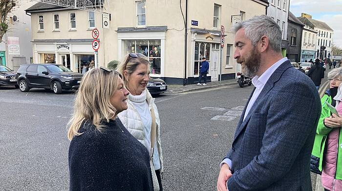 SNA teacher Rebecca Fox from Summercove National School speaking to Christopher O'Sullivan in Kinsale last Saturday during his canvass