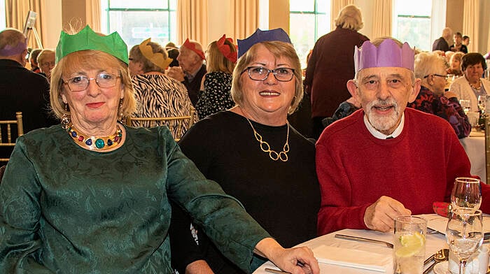 20/11/2024. Southern Region Active Retired Christmas lunch.
120 members of the Active Retired Southern Region held their Christmas lunch in the Celtic Ross Hotel today, as well as a two-course meal there was also a raffle and dancing.
Here from Clonakilty: Gordon Wallace, Eileen Geary and Kathleen Hegarty

Credit: Andrew Harris