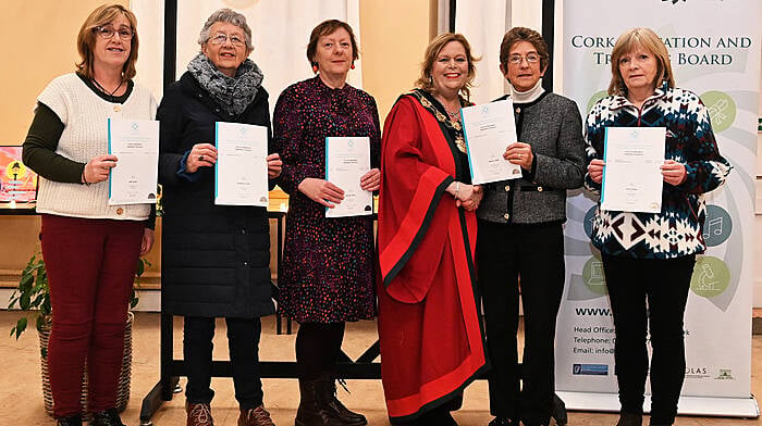 Recipients of certificates at the Clonakilty Further Education Centre graduation evening were (left to right): Ann Collins, Maureen Collins, Margaret White, Eileen Sheppard, Mayor of Clonakilty, who presented the certificates, Monica O’Brien and Rose O’Regan.  Photo: Martin Walsh.