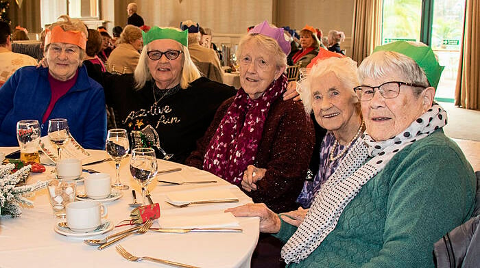 20/11/2024. Southern Region Active Retired Christmas lunch.
120 members of the Active Retired Southern Region held their Christmas lunch in the Celtic Ross Hotel today, as well as a two-course meal there was also a raffle and dancing.
Here from Clonakilty: Nora Smyth, Pat Howard, Nellie O Learey, Ann Breydin and Annie O Driscoll

Credit: Andrew Harris