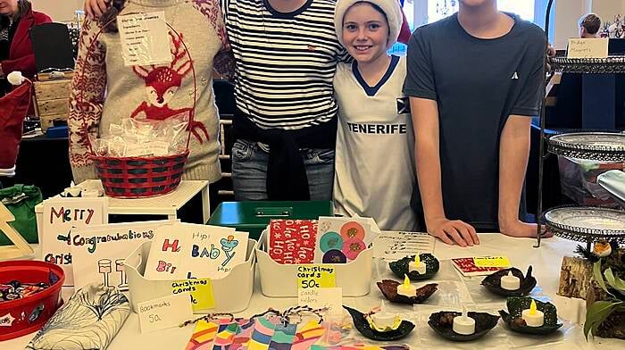 A group of pupils from Derrycreha National School took a stall at the Christmas Fair which was held at the Eccles Hotel last Sunday in order to raise funds for a local charity. They had some great homemade items for sale including bookmarks, yule logs and candleholders. From left: Fiadh Whooley, Lottie O’Sullivan, Giulia O’Sullivan and Elsa Tobin.