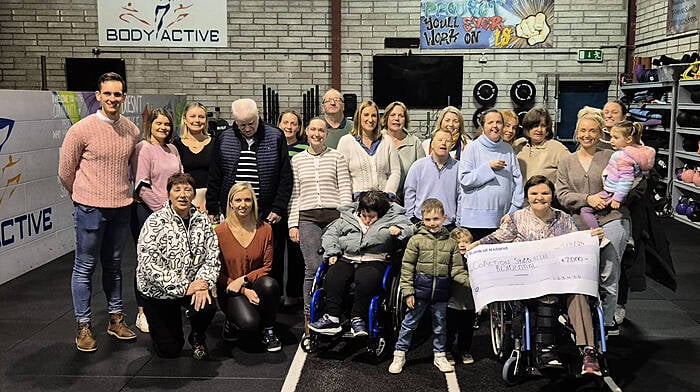 RunSkibb donated €7,000 to Skibbereen CoAction last Saturday at the Body Active HQ. Standing (from left): Jonathan Davis, Rachel O’Regan, Grace O’Mahony, Imelda O’Sullivan, Gearoid McCarthy, Geraldine McCarthy, Maria Holmes, Denise Connolly, Blaithin O’Neill, Francis Lowney, Deirdre Collins, Finbarr O’Driscoll, Karen Vaughan, Margaret Harrington, Stephanie Hayes and Emily Kate Daly. Seated (from left): Ellen Crowley, Christine Fitzgerald, Laurie Riordan, Harry O’Sullivan, Mairéad Cahill, Jamie O’Sullivan and Indie O’Sullivan.  RunSkibb is looking forward to other successful events in 2025.