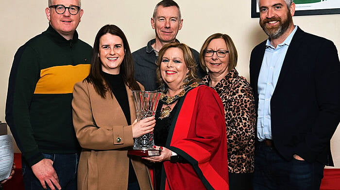 Melissa Clarke, representing Clonakilty Street Carnival, receiving a Clonakilty mayoral award from Clonakilty mayor Eileen Sheppard. Also included are members of Clonakilty Street Carnival (from left): Kevin O’Regan, Des O’Dowd, Mary Kingston and Christopher O’Sullivan.    (Photo: Martin Walsh)