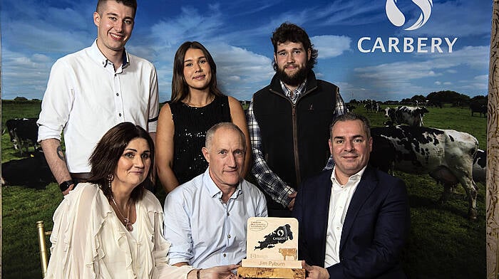 Jim and Frances Pyburn of Dunbeacon, Durrus, receiving their award from Jason Hawkins (ceo, Carbery Group), at the Carbery Milk Quality and Sustainability Awards which were held in Clonakilty. Included are their family Shane, Lynn and Alan.    (Photo: Don MacMonagle)