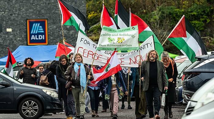 The 57th Skibbereen March for Peace in Palestine took place in the West Cork town today. Around 30 people marched from the Skibbereen Farmers Market to the Town Square. Picture: Andy Gibson.