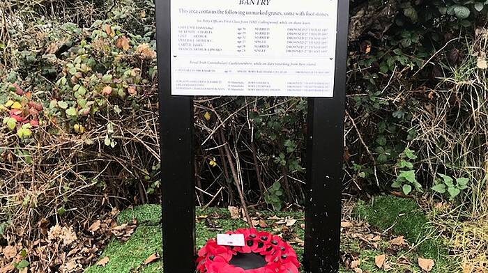 On Remembrance Sunday in the Abbey cemetery, prayers were led by Canon Paul Whillougby and Fr Myles McSweeney for all those who died in the wars, as well as the Irish troops who died in peace keeping duties and members of an Garda Siochana who died in the line of duty. A wreath was laid and a plaque unveiled to mark the area where the petty officers from the HMS Collingwood that drowned 1897, and those from the SS Minnehaha that was torpedoed and sank off the Fastnet in September 1917, were buried in unmarked graves.