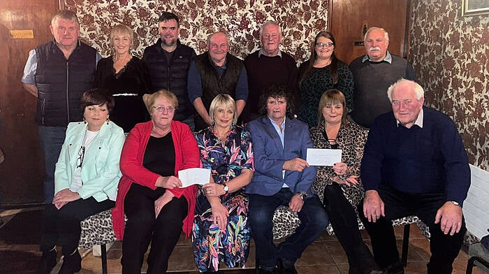 Ballygurteen Vintage Club recently presented money raised from their coffee day, which was held in the home of Denis and Ann Healy Ballygurteen, and also from their vintage run held in Rossmore.  A sum of €10,000 was presented to 2D Haematology Ward in CUH and €18,802 was presented to the Leukaemia Trust Fund Dublin.  Back (from left): John O’Sullivan, Ann Healy, John Keohane, Jess McCarthy, Fachtna McCarthy, Fiona Connolly and Patjoe Connolly.  Front (from left): Mary O’Donovan, Ina Connolly, Margo O’Neill (CUH), Denis Healy, Kay Tyner and Finbarr Fitzpatrick.