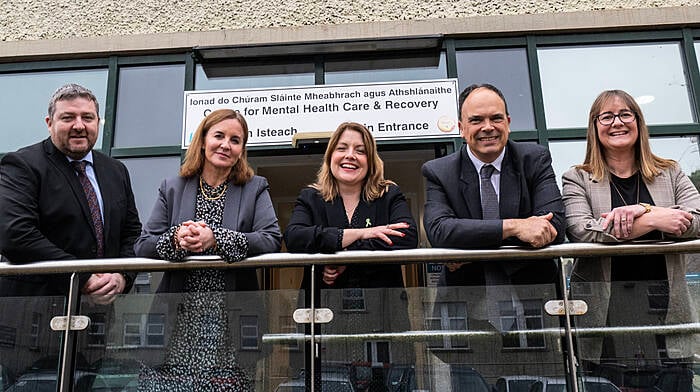 At the reopening of the HSE Centre for Mental Health Care and Recovery (CMHCR) on the grounds of Bantry General Hospital were (from left): Vincent Goggin (general manager, Mental Health Services), Julie O'Neill (integrated healthcare area manager, HSE),  Deborah Harrington (acting head of Mental Health Services), Andy Phillips ( regional executive officer, HSE South West) and Fiona Collins (general manager, HSE Mental Health Services).  The CMHCR, a mental health inpatient unit, has reopened following recent facility upgrades designed to enhance patient safety, experience and recovery - as well as to support staff in providing high quality care. (Photo: Brian Lougheed)