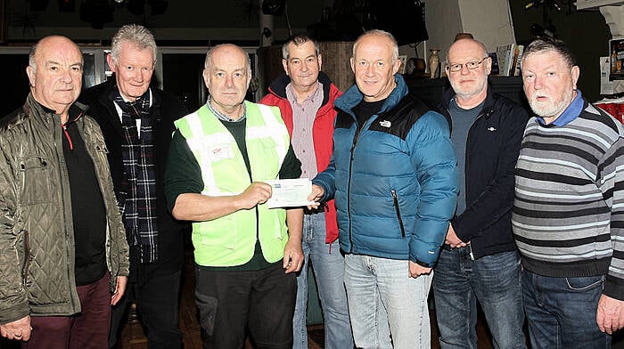 Tom O'Donovan, chairperson of Clonakilty Men's Shed, presenting a cheque for €631 to Noel Lawlor of Clonakilty Saint Vincent de Paul Society, which was the proceeds from the raffle of the recent men's shed quiz. Included are (from left): Noel Lynch, Don Hill, Jimmy Byrne, John Hennessy and Cathal Convery, all men's shed members.