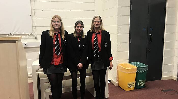 Bandon Grammar School’s soroptimist public speaking competition participants are (from left): Sally-Ann Hayes, Faye Terry and Freya Scott.