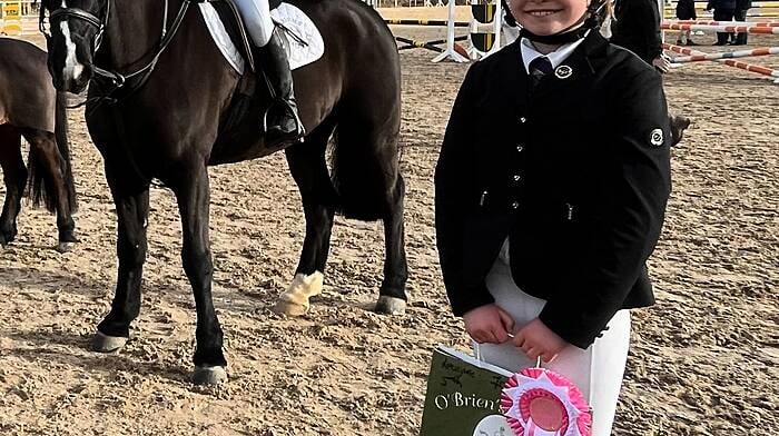 Ella Forristal on Clonakilty Bandit and Clara Nyhan of Carbery Pony Club after their win last Sunday at the Jumps Ahead league finals at Ballindenisk Equestrian Centre. Right: Madeline McSweeney on Balladeer Give A Guidam after winning the 1.1m Jumps Ahead final and league.