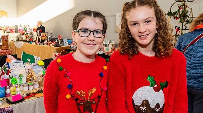 Aoife Bradfield (Enniskeane) and Isabella Galvin (Ballineen) enjoying the annual Beda Christmas fair which was held in the Beda Community Hall and which had numerous stalls, mulled wine and music. (Photo: Andy Gibson)