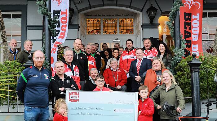 A group of representatives from each of the beneficiaries of the 2024 Tour de Beara Cycle at a recent event at the Eccles Hotel in Glengarriff where the proceeds were presented to the various local charities, schools, societies, clubs and community organisations by Cllr Patrick Gerard Murphy, on behalf of the county mayor.