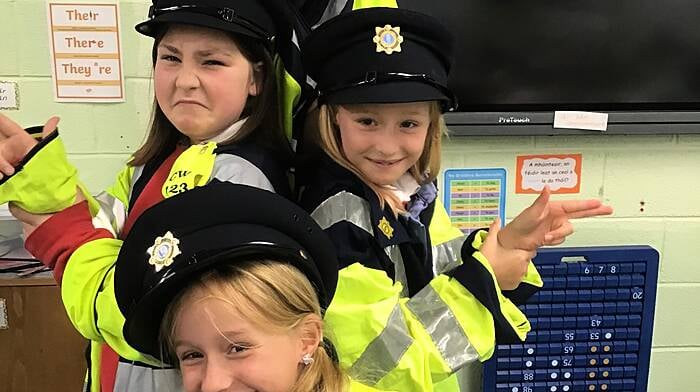 Pupils at St James’ National School, Freya Horgan, Pippa and Millie Woodward and Grace Solomon enjoyed Community Garda Brigid's visit to the school.