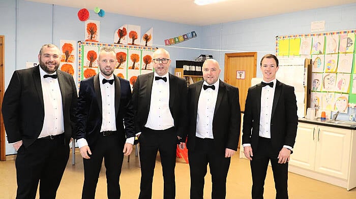 A wedding party of DJ Maloney, Eamonn Lyons (groom), Stephen Lyons, Rob Hayes and Declan Harrigton casting their vote in Kilbrittain on election day.