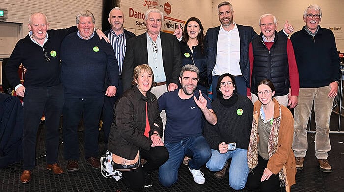 Fianna Fáil TD Christopher O’Sullivan celebrates reelection with family and friends in the early hours at the Mallow. GAA complex.  (Photo: Martin Walsh.)