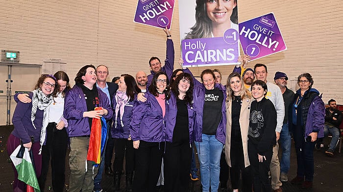 Supporters of Holly Cairns celebrate her election at the count centre in Mallow including Cllrs. Ann Bambury and Isobel Towse. (Photo: Martin Walsh.)