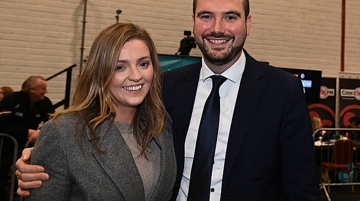 FG candidate Cllr Noel O’Donovan and his partner Natasha Burke, Bantry at the count centre in the Mallow GAA complex.  (Photo: Martin Walsh.)