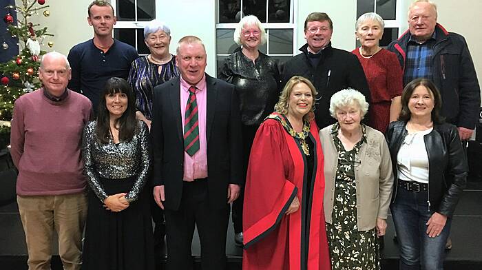 At last Saturday’s gala concert at Darrara Community Centre were back from left: Committee members Donal Lyons, Mary Anglin, Mary Wycherley, Pius Lyons, Angela Lenihan and Frank McCarthy. Front: Cionnaith Ó Súilleabháin, Aisling Riordan, special guests James White and Mayor Eileen Shepard (both Clonakilty Mayoral Council), Mary Harrington and Mary Harrington.