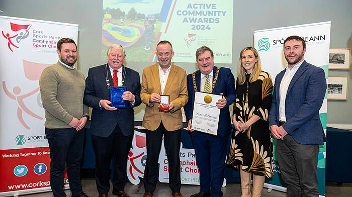 The Active Community Awards 2024 winners were announced at reception in Cork's Old Waterworks organised by Cork Sports Partnership.
The Active Community Champion Award was awarded to Denis McSweeney for his tireless dedication to Rosscarbery GAA and the Rosscarbery Steamrunners Athletic Club, where his efforts have had a profound impact on the community. From left: Tim Burke, CSP; Cllr Martin Coughlan, deputy county mayor; Denis McSweeney, award winner; Cllr Dan Boyle, Cork lord mayor; Kristine Meeneghan and Maurice O'Sullivan, both Cork Sports Partnership. (Photo: Brian Lougheed)