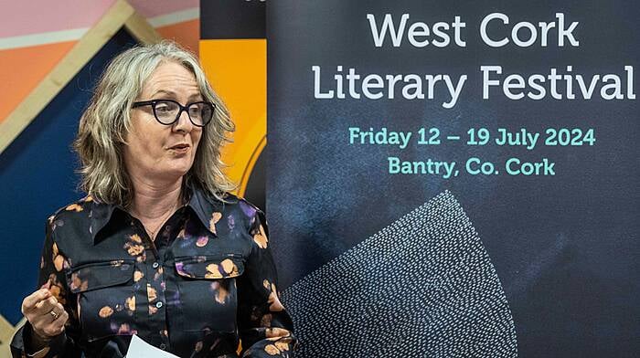 Siobhán Burke pitching for the West Cork Literary Festival and, left, the attentive audience.