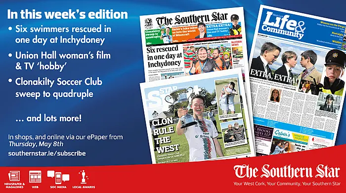 THE SOUTHERN STAR IS IN STORES NOW: Six swimmers rescued in one day at Inchydoney ; Union Hall woman on being a background actress; Clonakilty Soccer Club sweep to quadruple Image