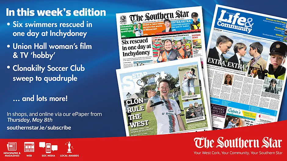 THE SOUTHERN STAR IS IN STORES NOW: Six swimmers rescued in one day at Inchydoney ; Union Hall woman on being a background actress; Clonakilty Soccer Club sweep to quadruple Image
