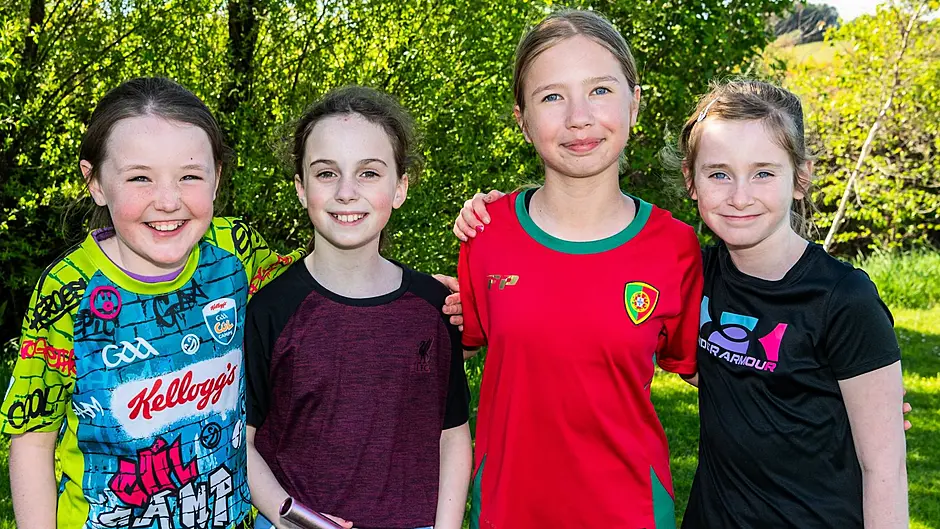 Caheragh NS pupils Hannah Reen, Chloe O'Sullivan, Gabriele Dilbaite, and Anna Kingston at the annual school sports day, hosted by Skibbereen Athletic Club. (Photo: Andy Gibson)
