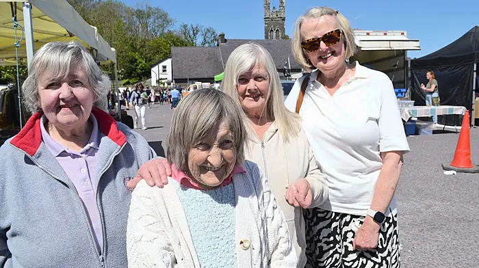 Sisters  Daphne Swanton, Betty Casey, Beryl Howard with Marian O'Driscoll who were all neighbours on Bridge Street in Skibbereen for many years enjoying a catch upn at the Farmers Market in Skibbereen last Saturday. Photo; Anne MInihane.
