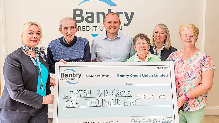 A recent article in The Southern Star told the story of the Berehaven Red Cross Defibrillator Group’s fundraising campaign. They require almost €12,000 to replace 12 vital defibrillators that are located throughout Beara, and which are reaching the end of their service life. As a result, Bantry Credit Union has contributed €1,000 to support the vital, life-saving equipment in Beara. From left: Gillian O’Neill (Bantry Credit Union), JJ McLaughlan (Bearhaven Red Cross), Peadar Noonan (Bantry Credit Union), Kathleen Lynch (Berehaven Red Cross), Liz Harrington (Bantry Credit Union), Kathleen Dwyer (Berehaven Red Cross).    (Photo: Anne Marie Cronin)