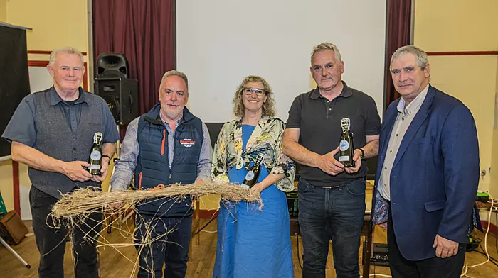 A historical talk on the history of flax in the area of Barryroe Co-op and district was held at Timoleague Community Hall. Afterwards a presentation was made to the speakers by Co-op chairman Michael Sexton. From left: Dr Colin Rynne (industrial archaeologist UCC), John O'Brien (Barryroe Co-op), Kathy Kirwan (flax enthusiast), Philip O'Regan (historian), and Michael Sexton (chairman, Barryroe Co-op).   (Photo: Gearoid Holland)
