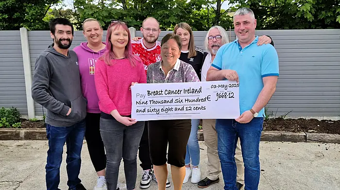 Kevin Cunningham and his wife Catriona held a shave, wax or dye fundraiser in Drinagh in aid of Breast Cancer Ireland and raised almost €10,000 for the good cause. They expressed thanks to everyone who supported the event in any way. Back (from left): Kieran Enright, Samantha Enright, Darren Hurley, Deirdre Dolan, and Philip Watkins.  Front (from left): Catriona Cunningham, Glynis Murphy, and Kevin Cunningham.