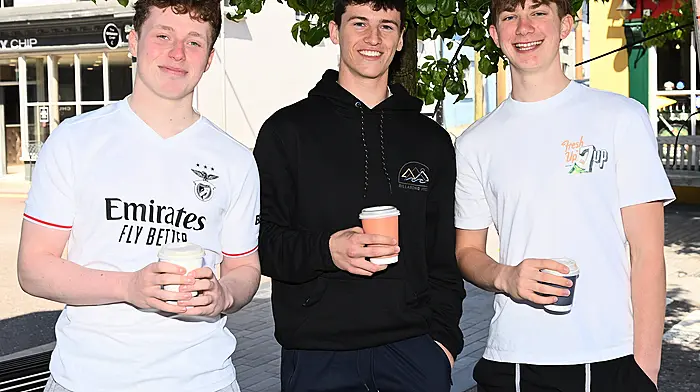 Enjoying their coffee in Clonakilty were (from left): Padraig Twomey (Bealad) with Ardfiled's Conor Whelton and Charlie McShane.  (Photo: Martin Walsh)