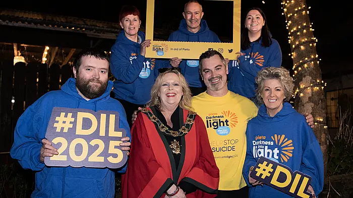 The Darkness into Light walk will start at 4.15am on Saturday May 10th from the Model Railway Village.  At the launch in O'Donovan's Hotel earlier this year were  (from left): Donal O'Driscoll, Eileen Sheppard (mayor of Clonakilty), Karl Henry (health and wellness expert), and Roni Coomey.   Back (from left): Sinead Crowley, Paul Hayes, and Olivia Callery (Pieta campaigns executive).   (Photo: Martin Walsh)